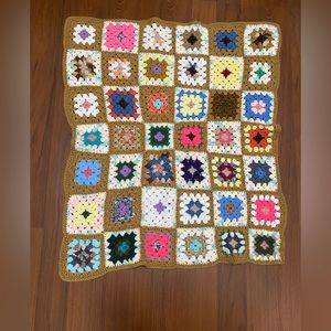 Vintage Granny Square Afghan TV Lap Blanket Throw 29x35 Brown Pink Grandpa Dad